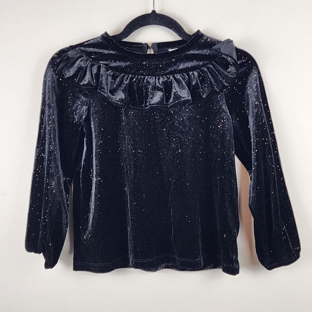 Crewcuts black velvet blouse sz 10 girl long sleeve ruffle neck gold shimmer